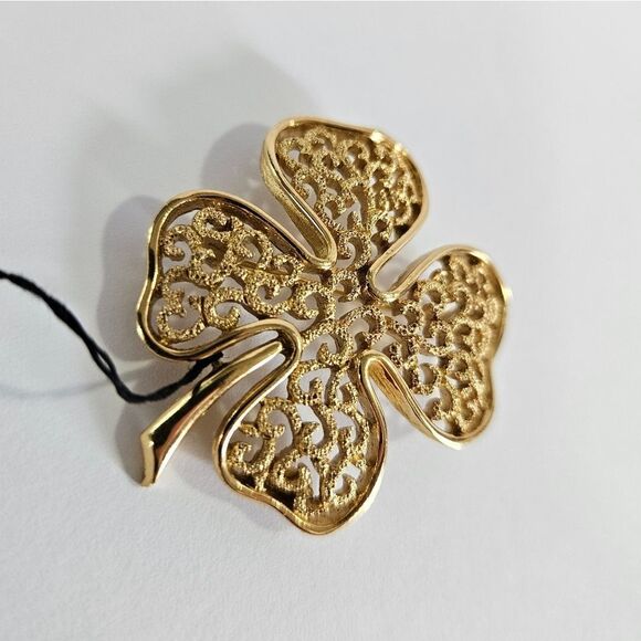 Vintage NWT Deadstock Crown Trifari Gold Filigree Four Leaf Clover Brooch Pin - Picture 5 of 7